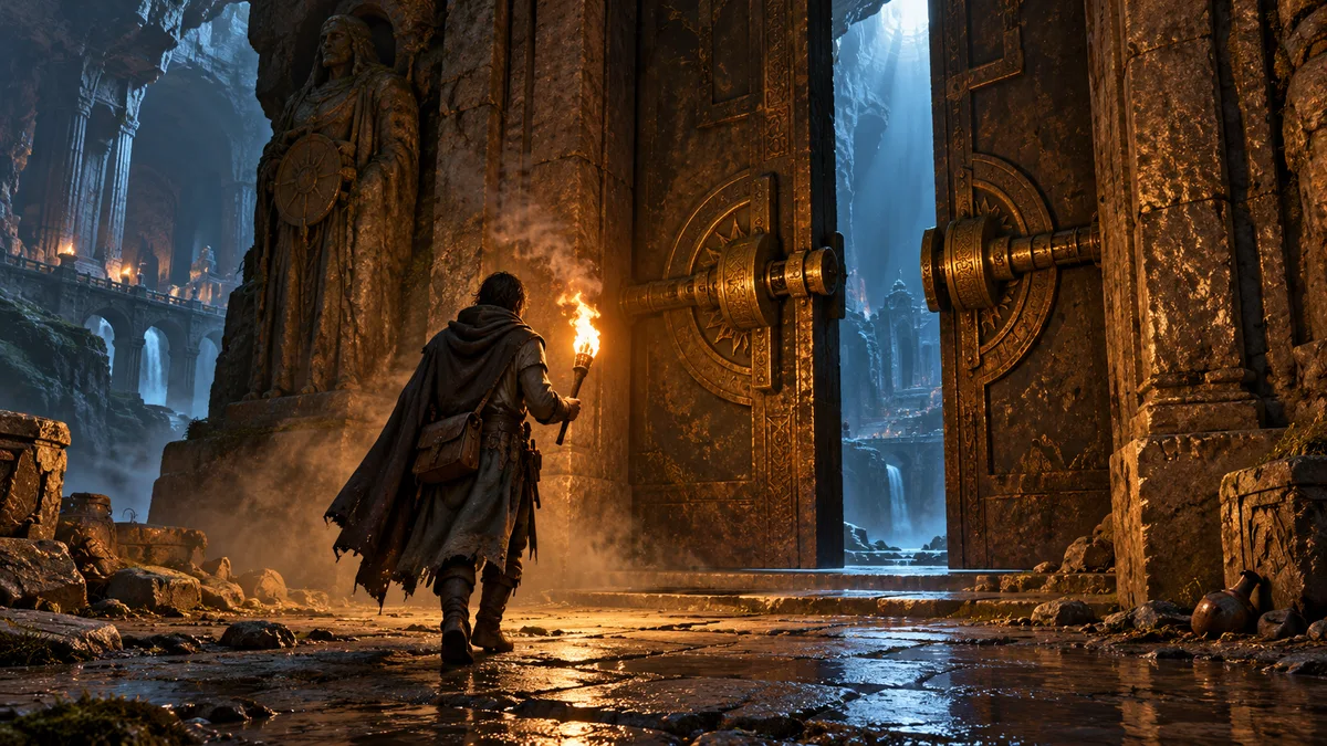 A cloaked explorer with a torch approaching a heavy stone doorway in an underground ruin