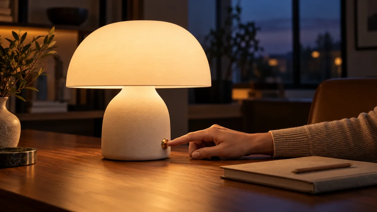A hand switching on a warm ceramic desk lamp beside a notebook on a dark desk