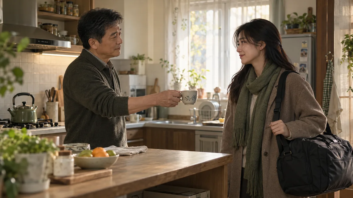 A father offering his adult daughter tea in a morning kitchen before she leaves