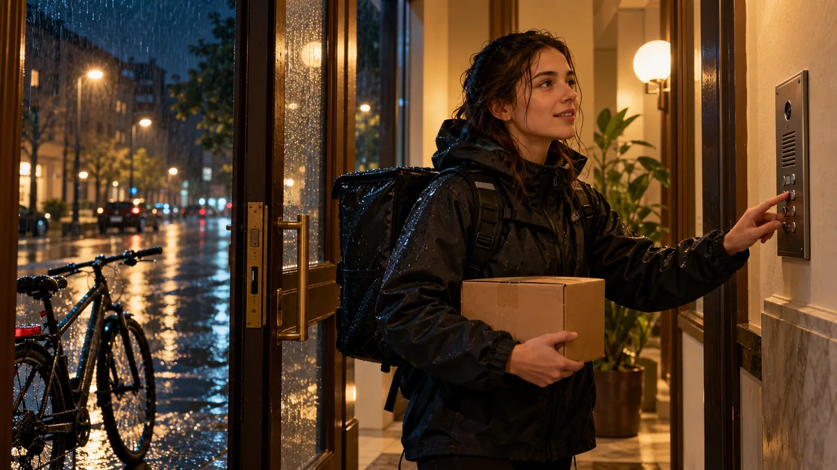 A bicycle courier holding a parcel beside an apartment intercom on a rainy night