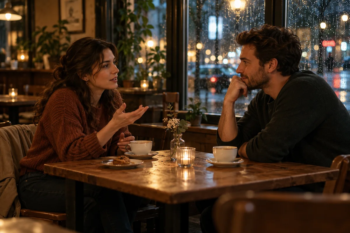 A woman and man talking across a café table beside a rainy window