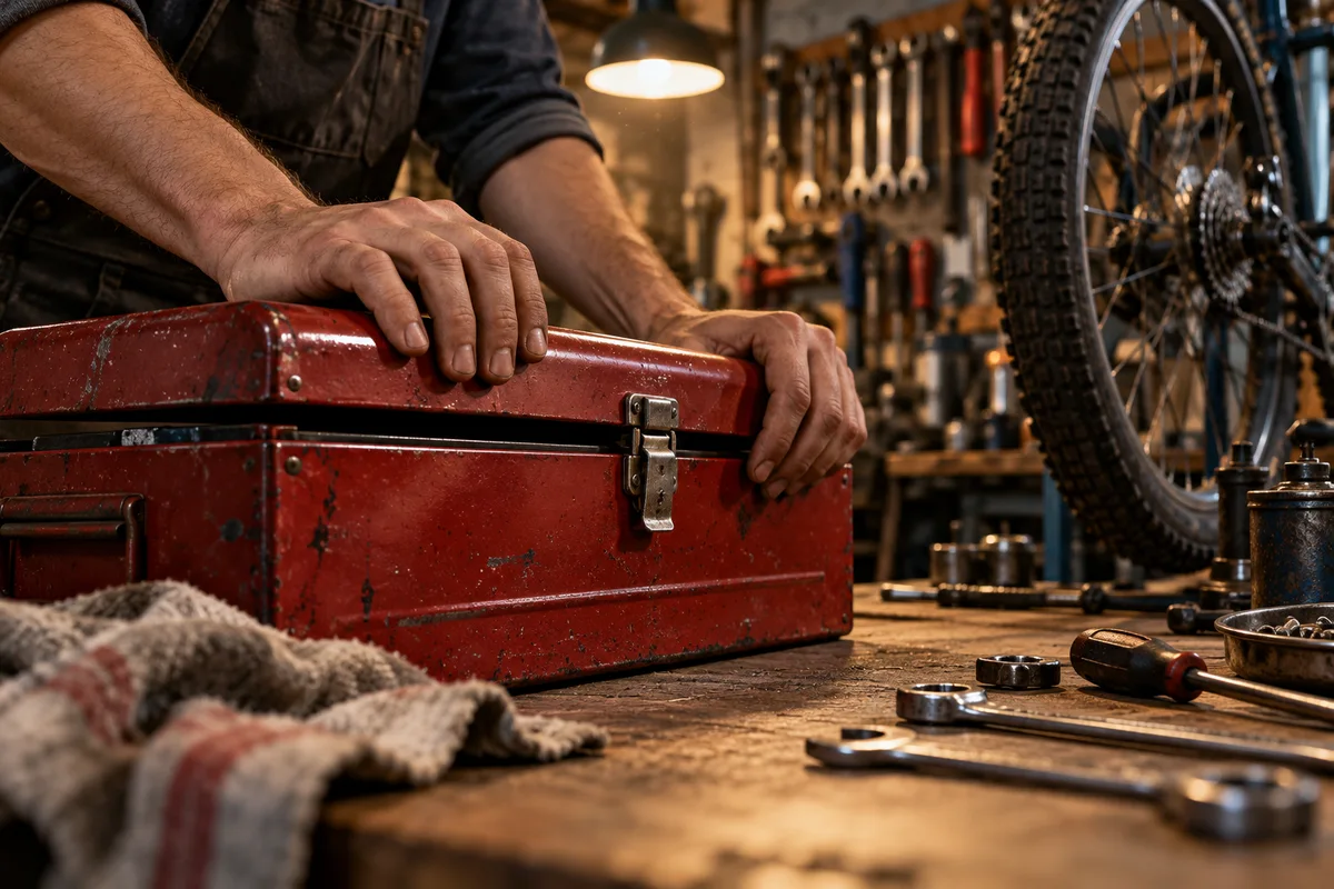 A mechanic closing a red metal toolbox on a wooden workshop bench