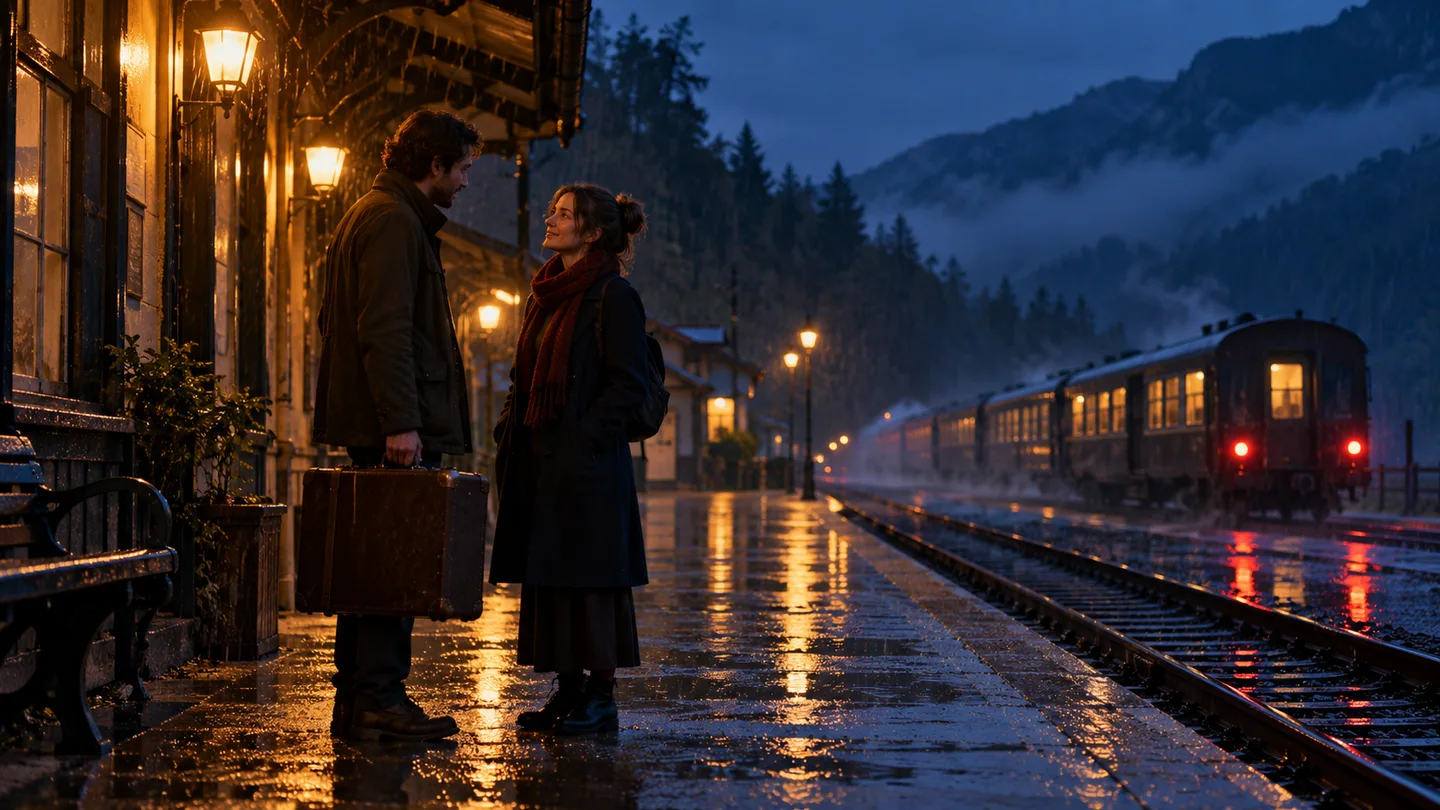 Two travelers speaking on a rain-soaked railway platform at dusk
