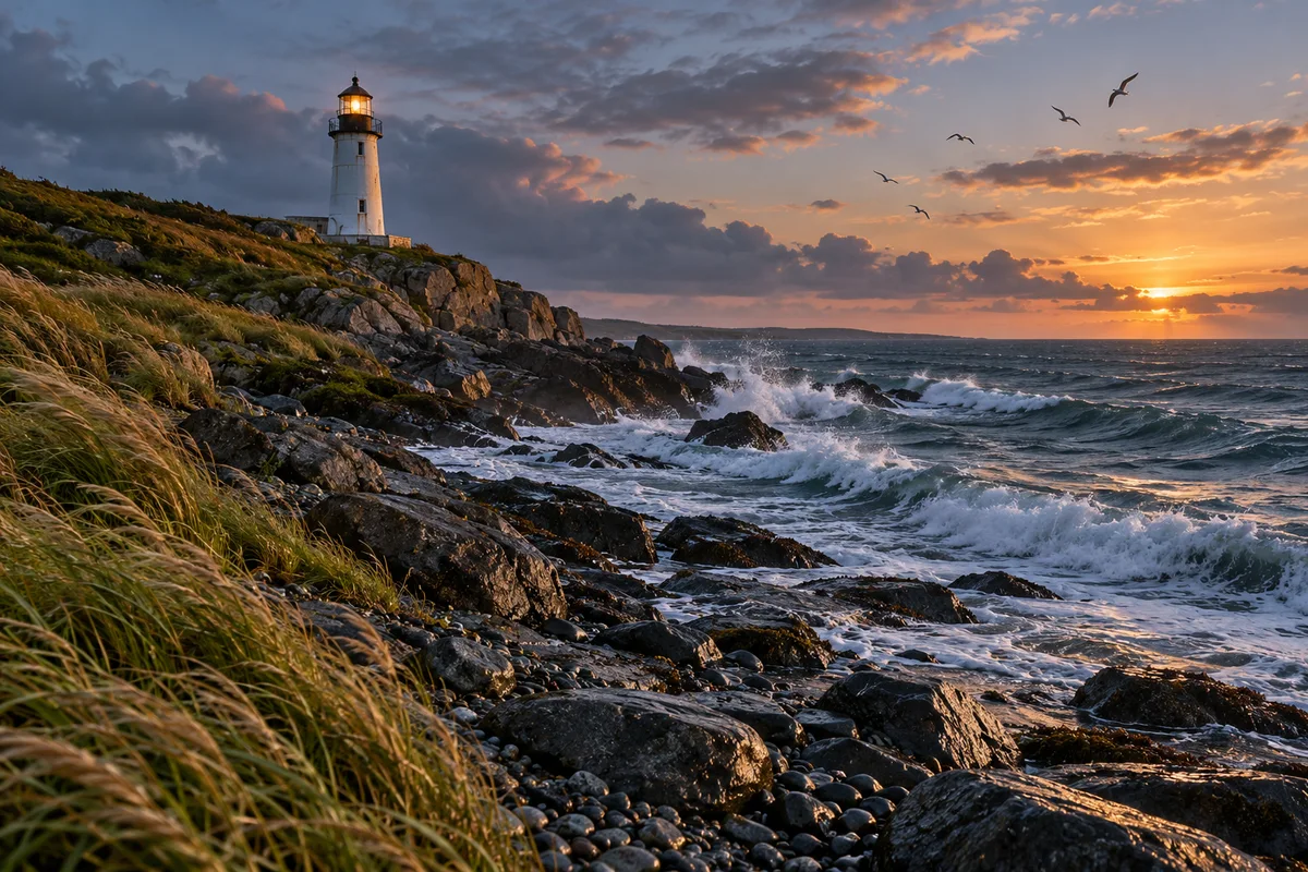 A lighthouse above a rocky coast with waves, sea grass and distant birds