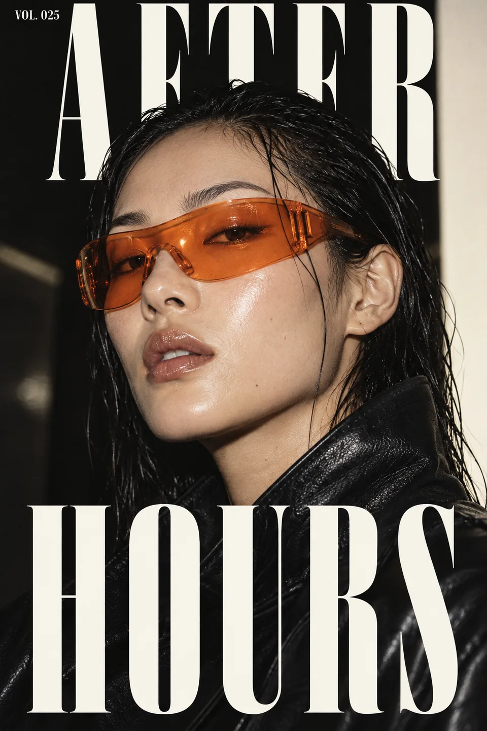 Fashion editorial portrait with orange sunglasses and the headline AFTER HOURS