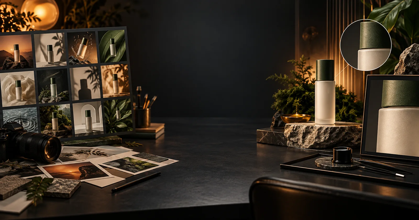 Creative desk showing rapid campaign variations on the left and a precisely refined product image on the right