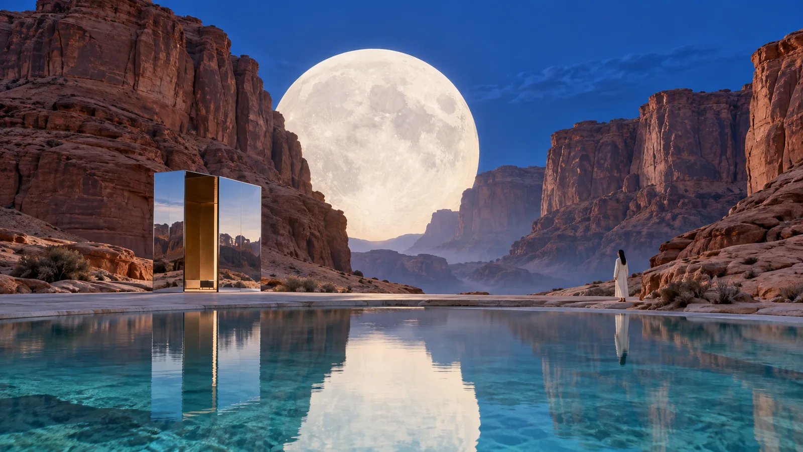 Giant white moon between red desert cliffs with a turquoise pool and a small traveler