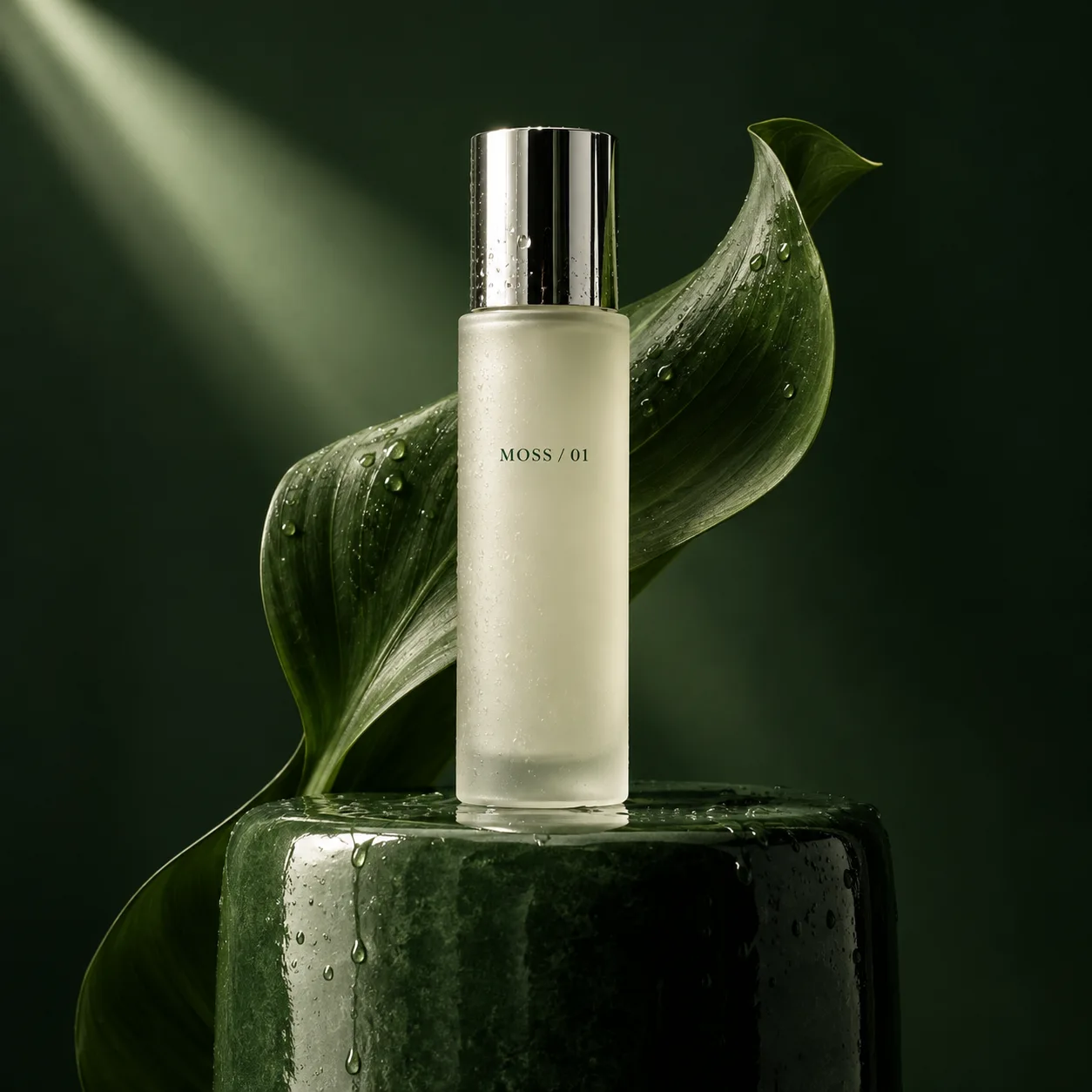 Ivory skincare bottle on a green ceramic plinth with a sculptural leaf and water droplets