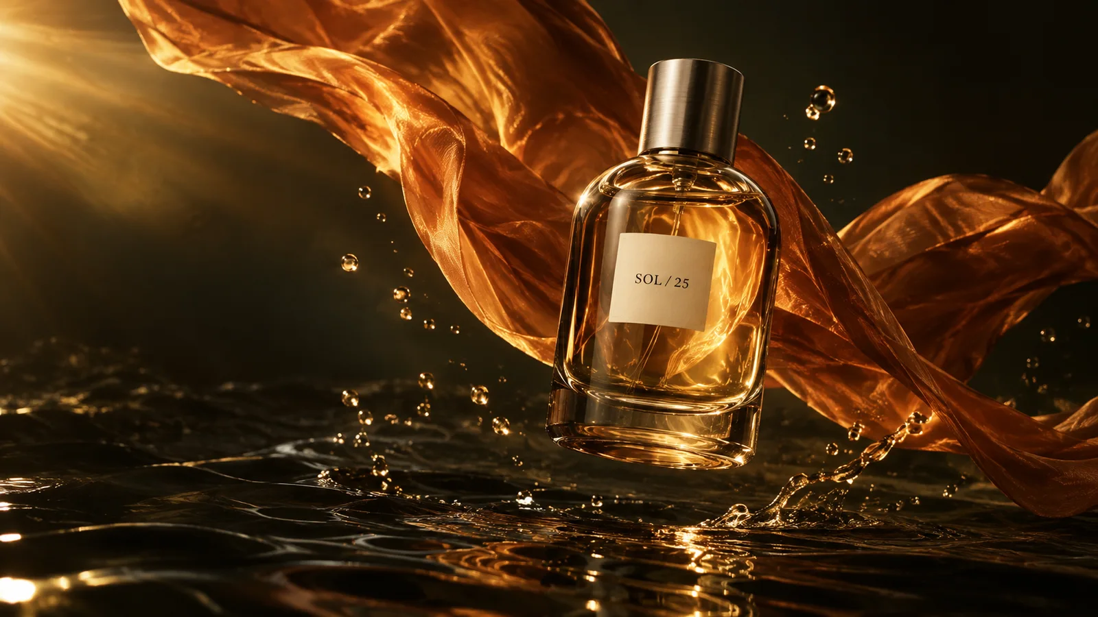 Amber perfume bottle wrapped in orange silk above dark rippling water