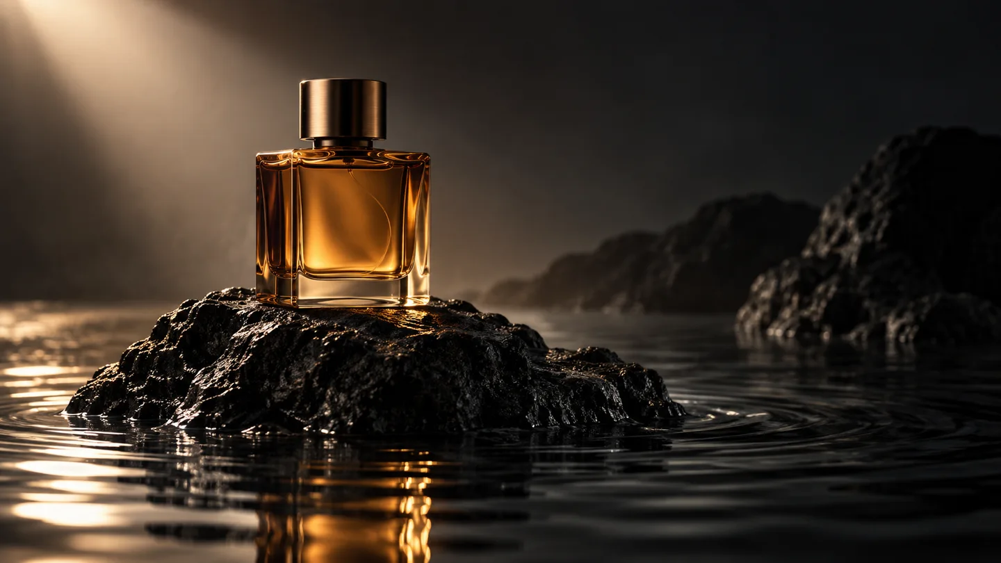 Perfume product scene with a defined camera angle and lighting