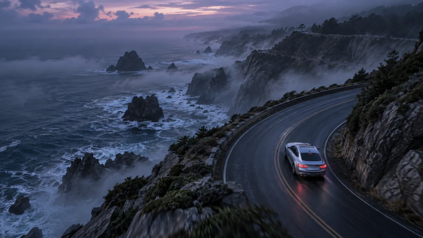 Coastal road reference scene for camera-direction prompts