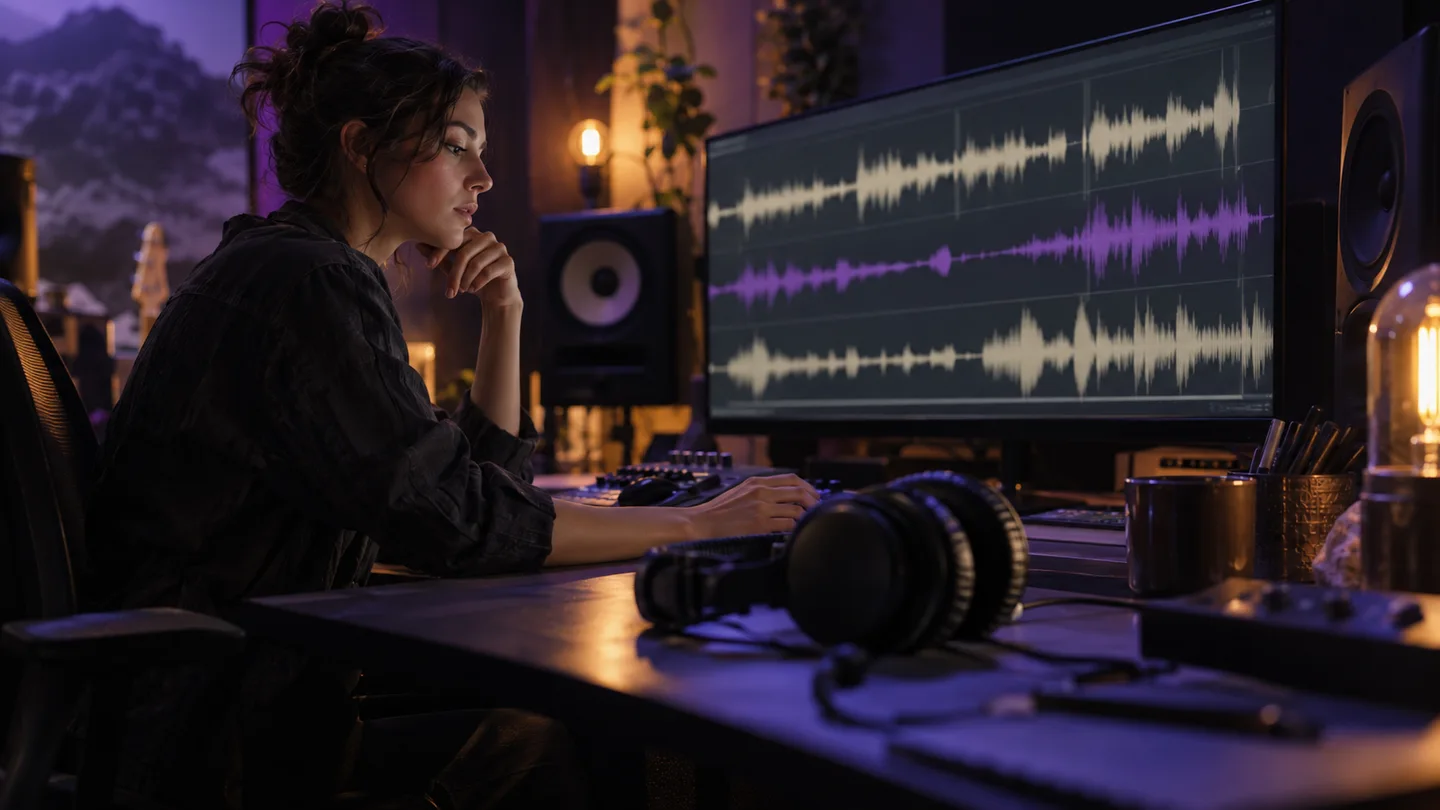 An audio-production studio with waveform editing