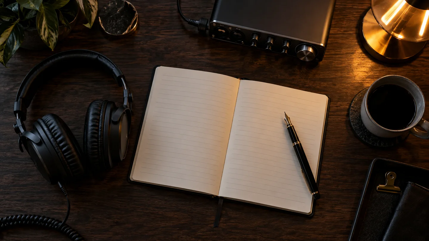 A script notebook and headphones on a recording desk
