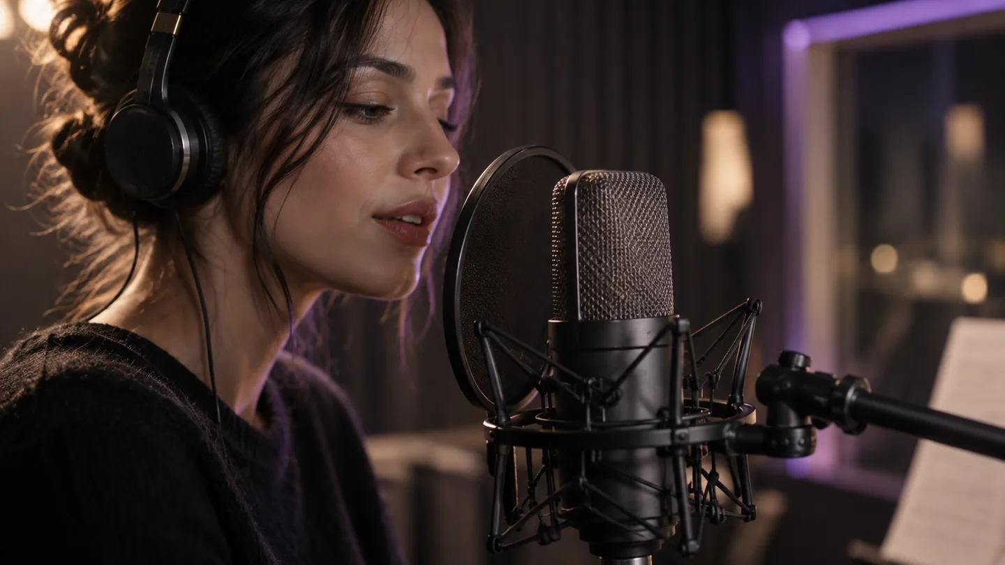 Narrator recording at a studio microphone
