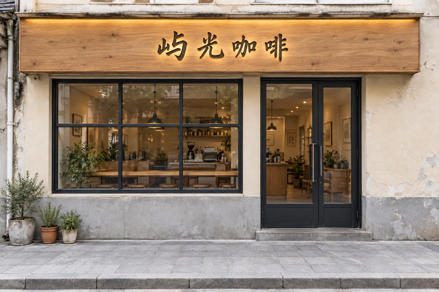方向二:原木色底板、暖光照明、手写体店名(AI 生成效果图)