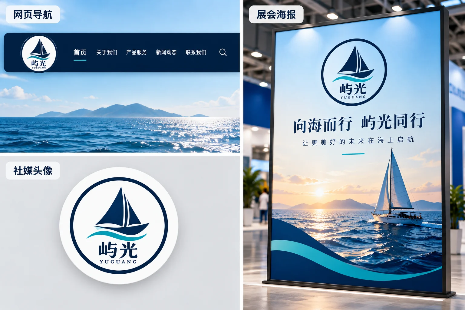 同一标志分别用于网页导航、社媒头像与展会海报的应用示意(AI 生成示意图)