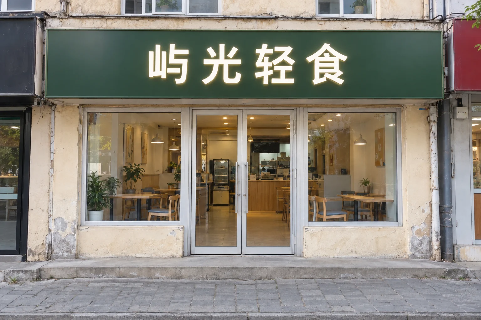 方案三:品牌绿底板配暖白灯箱字(AI 生成示意图)