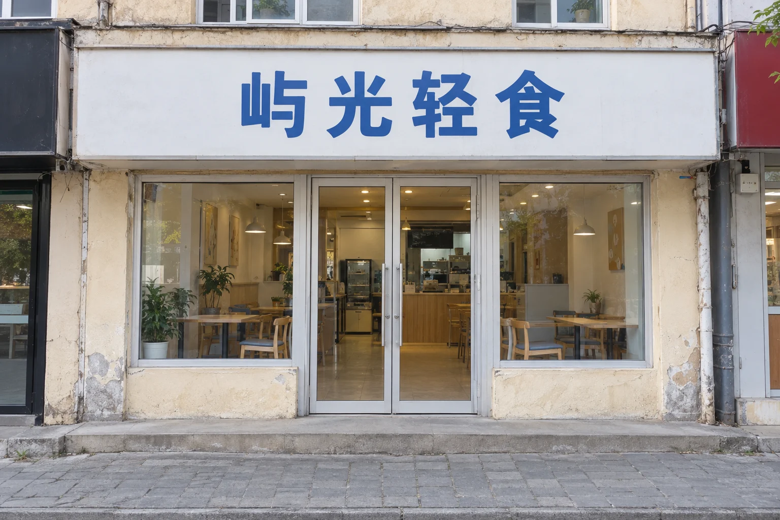 正面拍摄、门框完整、招牌区域清晰的门店原图示例(AI 生成示意图)