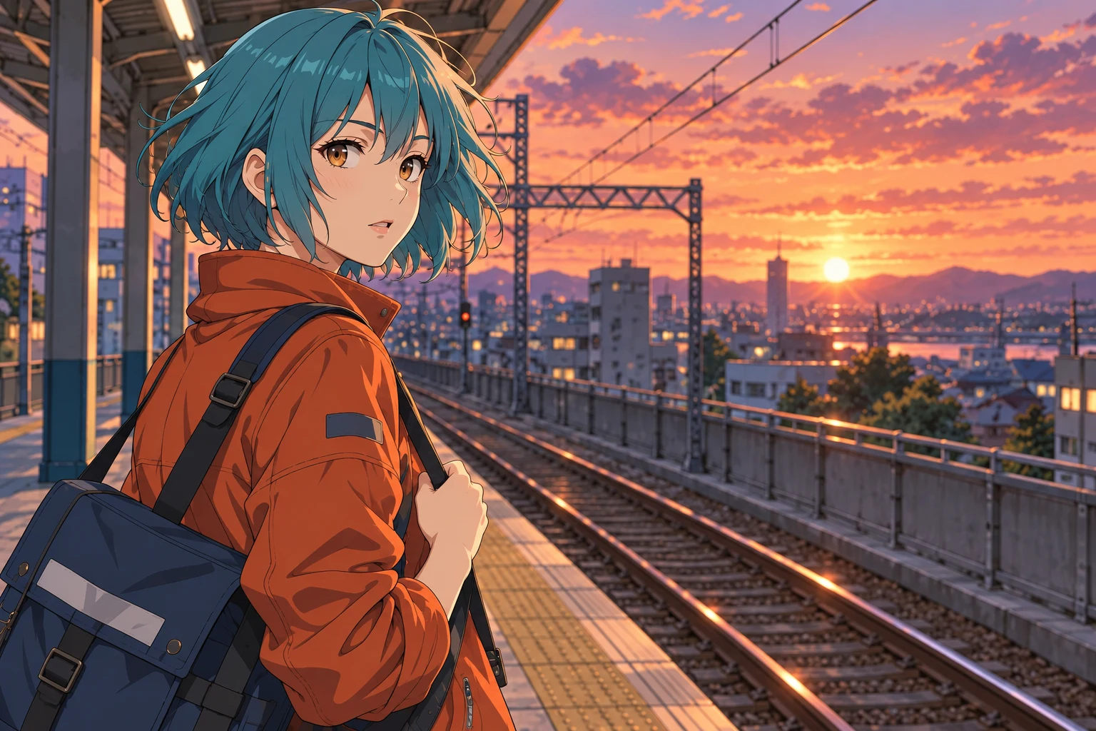 Enhanced illustration: Sunset platform: character lines and distant detail