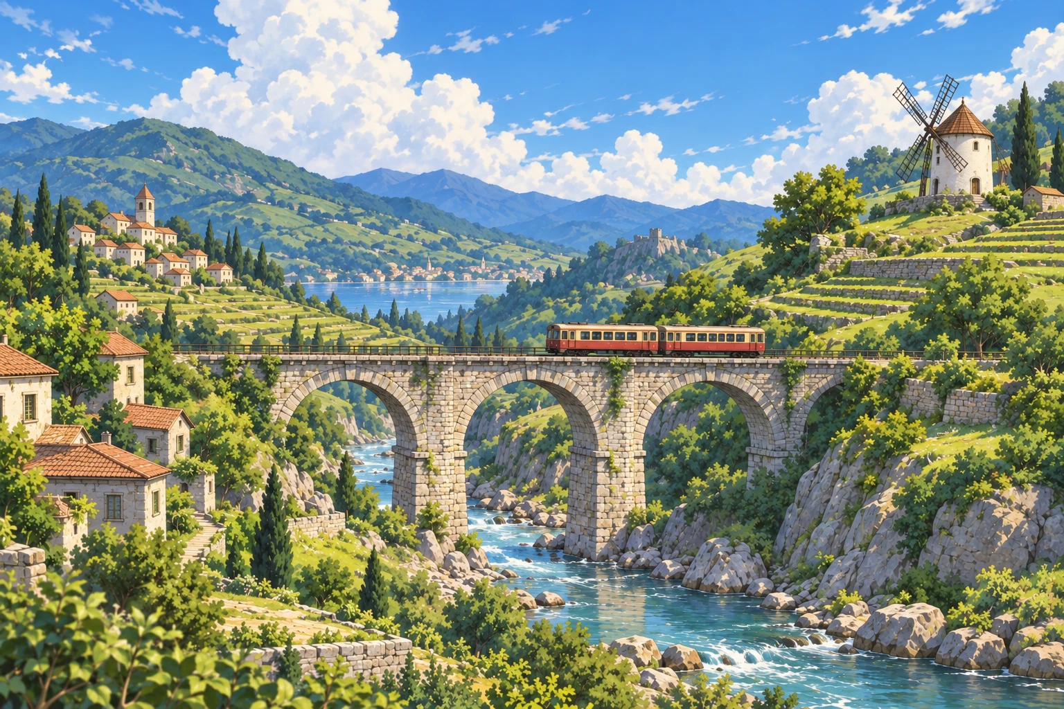 Enhanced illustration: Painted background: train, viaduct and distant scenery