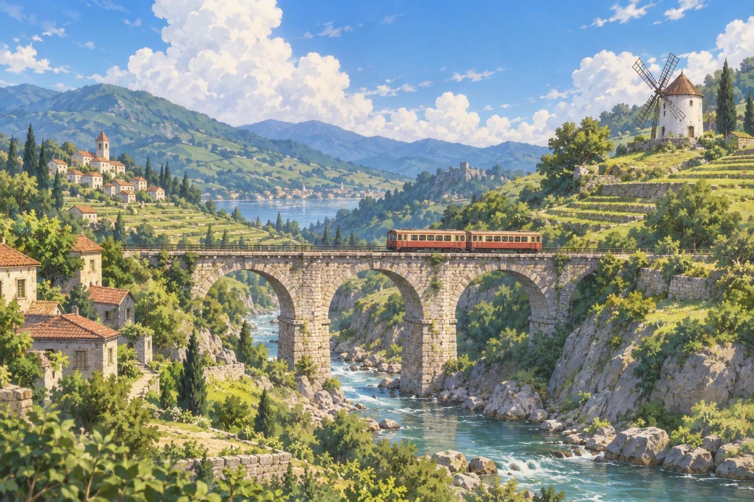 Original: Painted background: train, viaduct and distant scenery