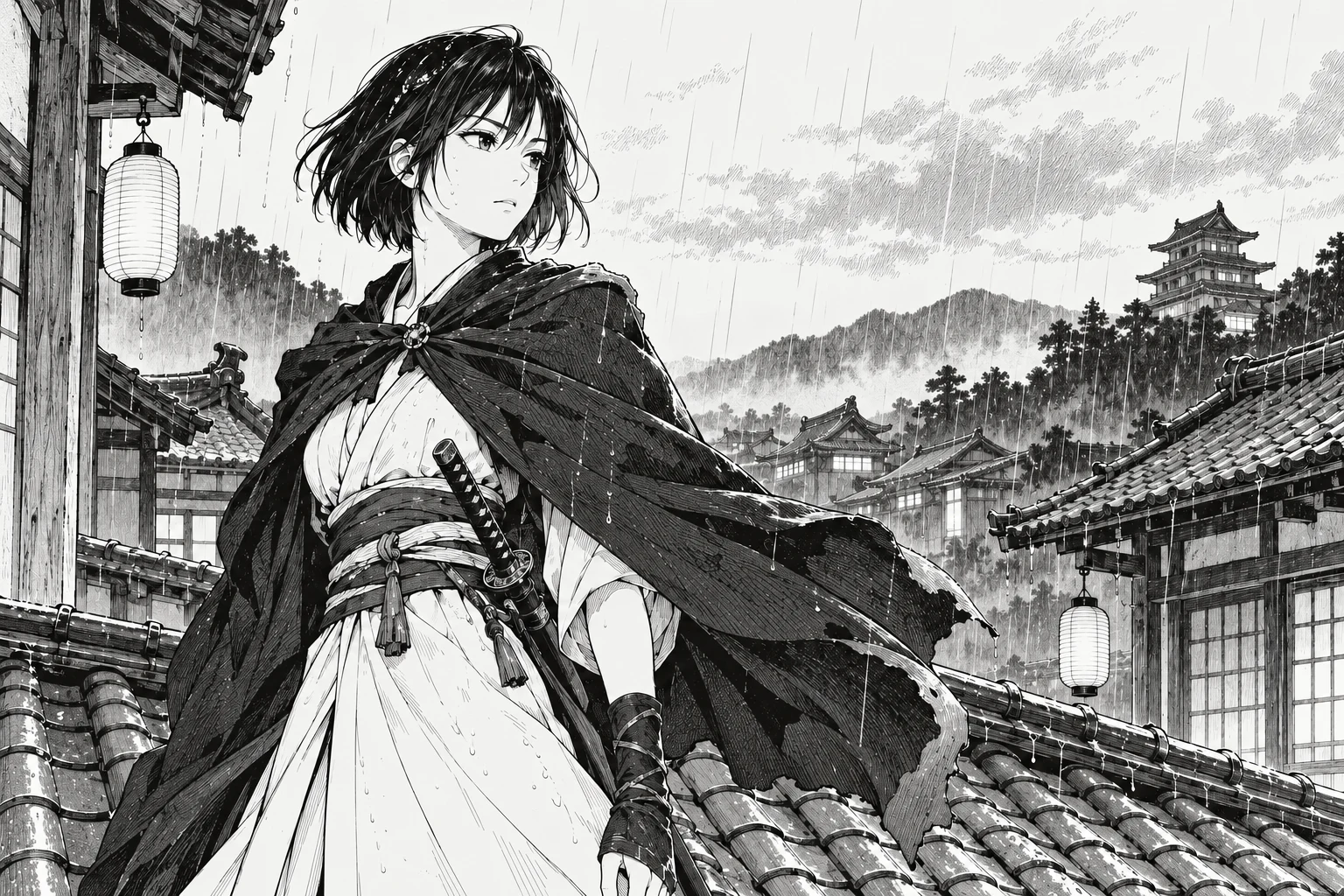 Enhanced illustration: Monochrome manga: fine ink and crosshatching