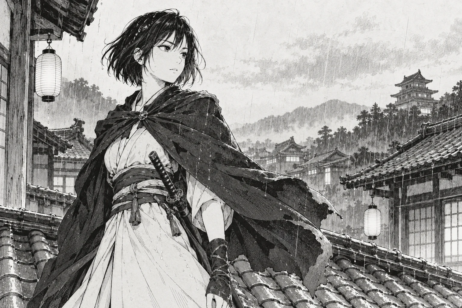 Original: Monochrome manga: fine ink and crosshatching
