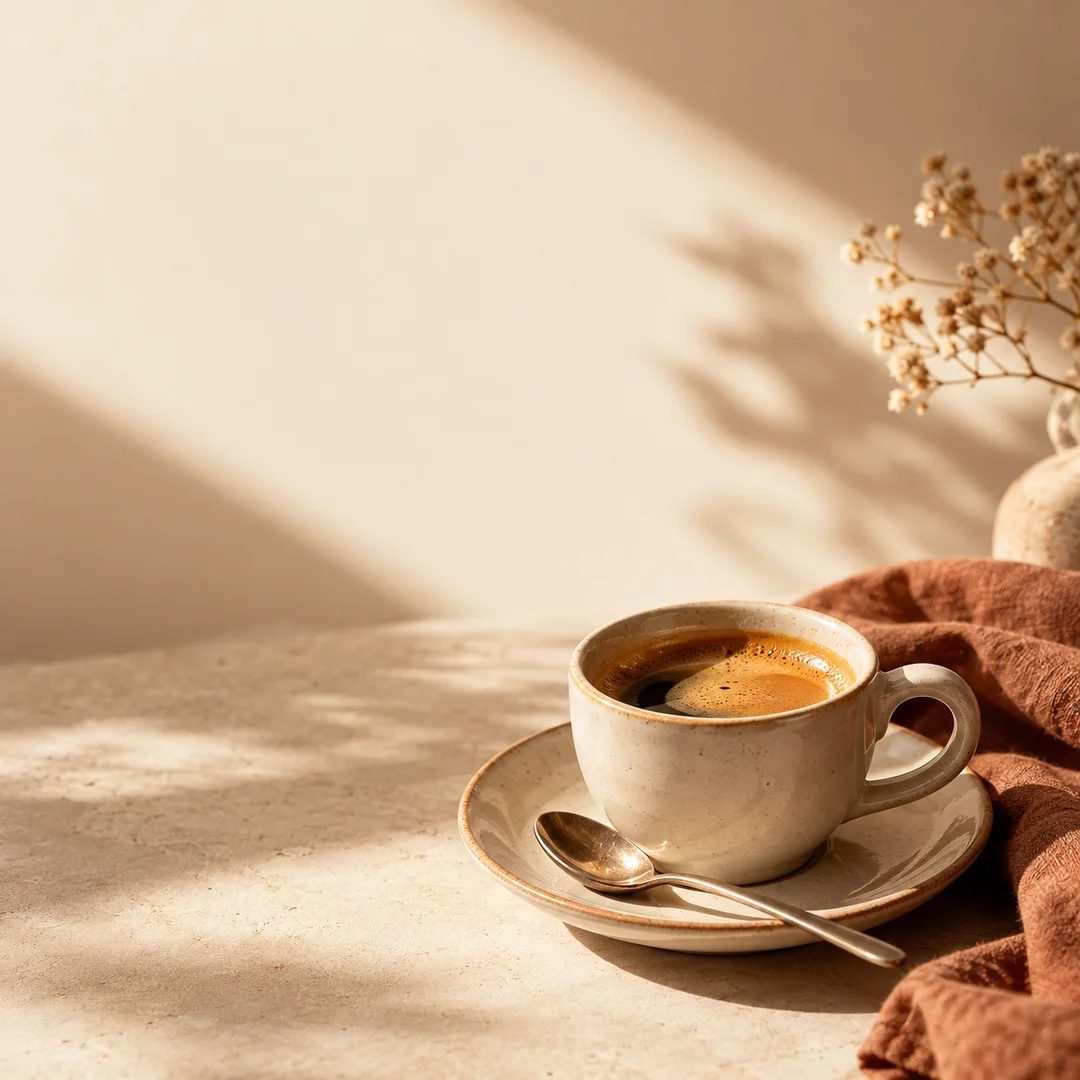 Warm cafe still life with a ceramic espresso cup and space for a headline