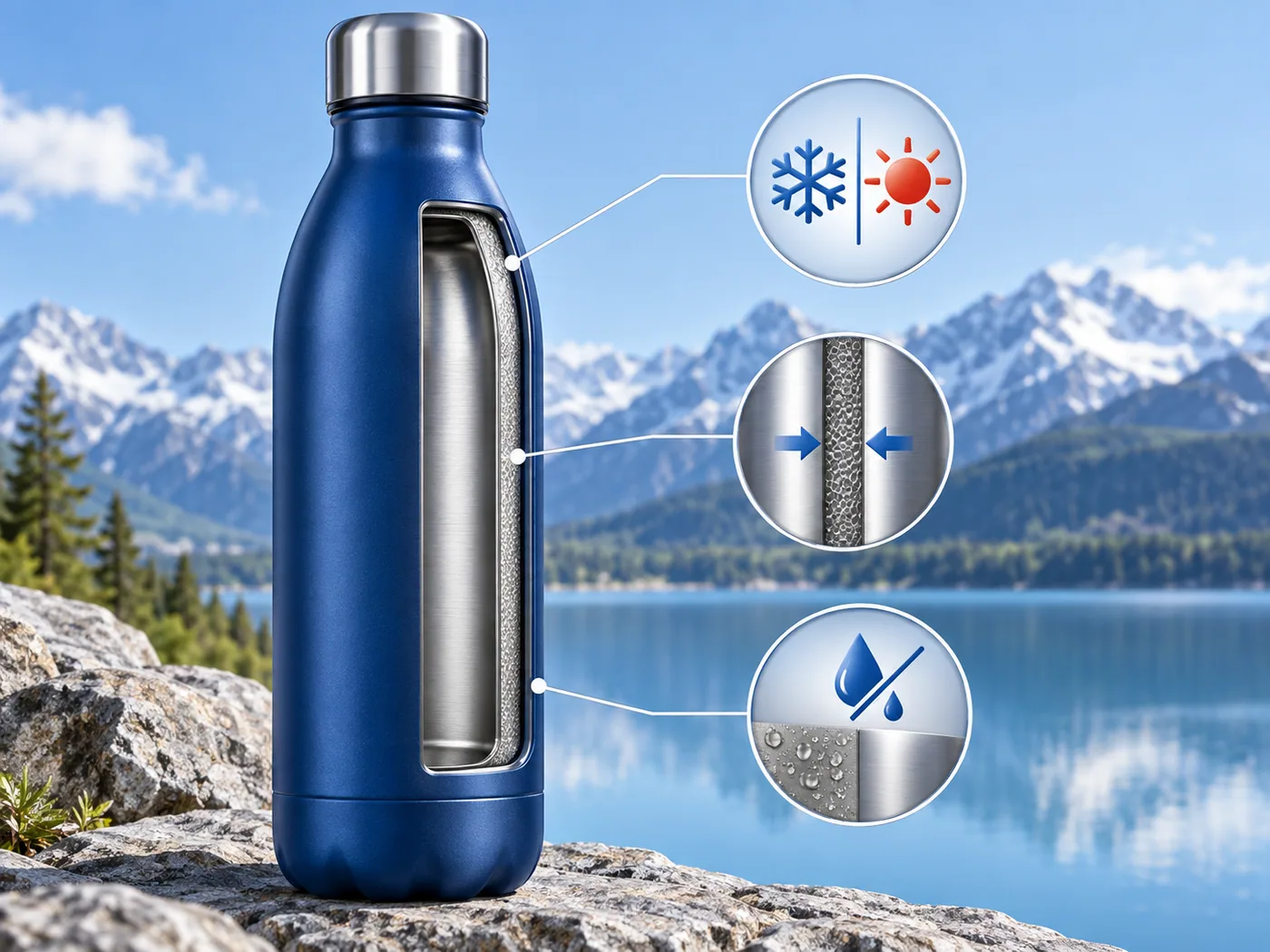 Insulated blue water bottle with visual callouts showing its construction