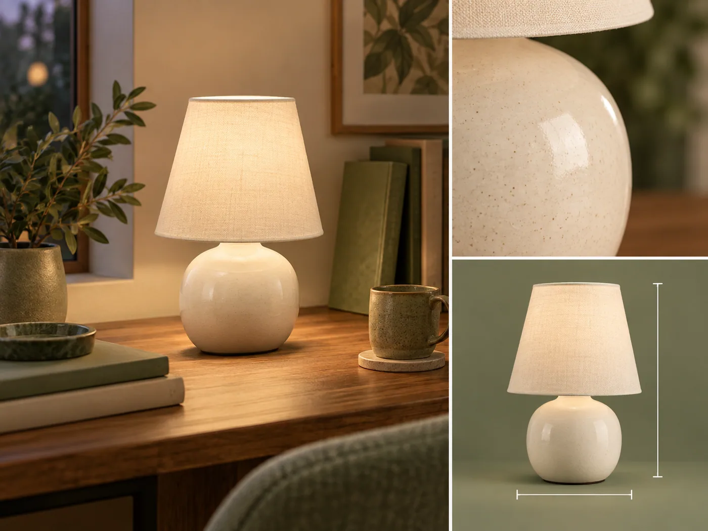 Ceramic desk lamp shown in a room, material close-up and dimension view