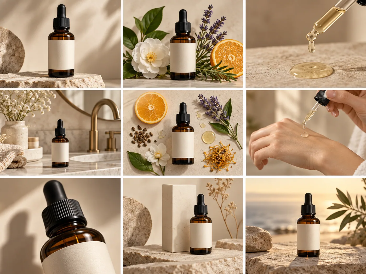 Nine coordinated listing image concepts for one amber skincare serum