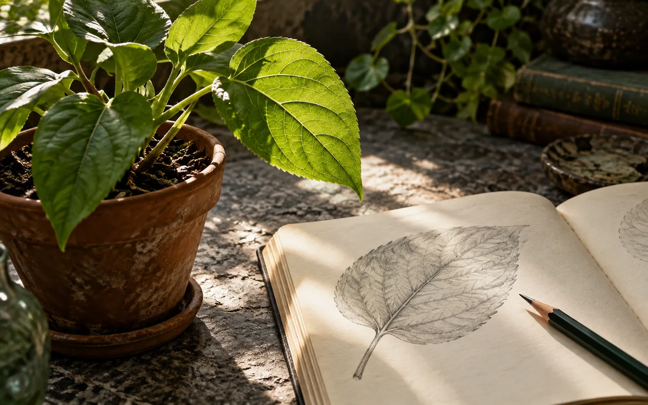 植物科学课场景插图:翠绿的树叶、笔记本与自然阳光。