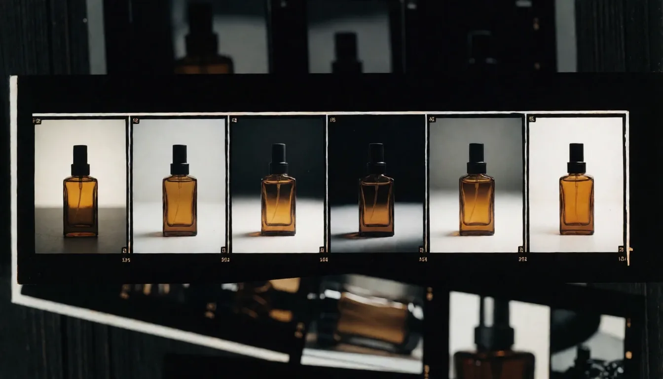 How to use Krea: a contact sheet of six frames of the same perfume bottle, each iteration slightly refined in lighting, background, and composition