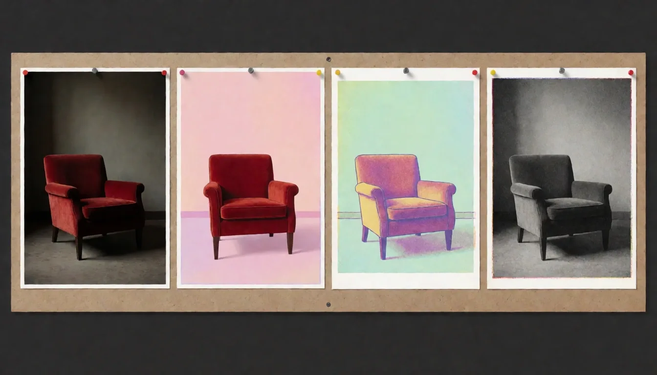 Krea 2 Turbo review: the same red armchair rendered in four different aesthetics — chiaroscuro photo, pastel illustration, risograph print, film-grain analog
