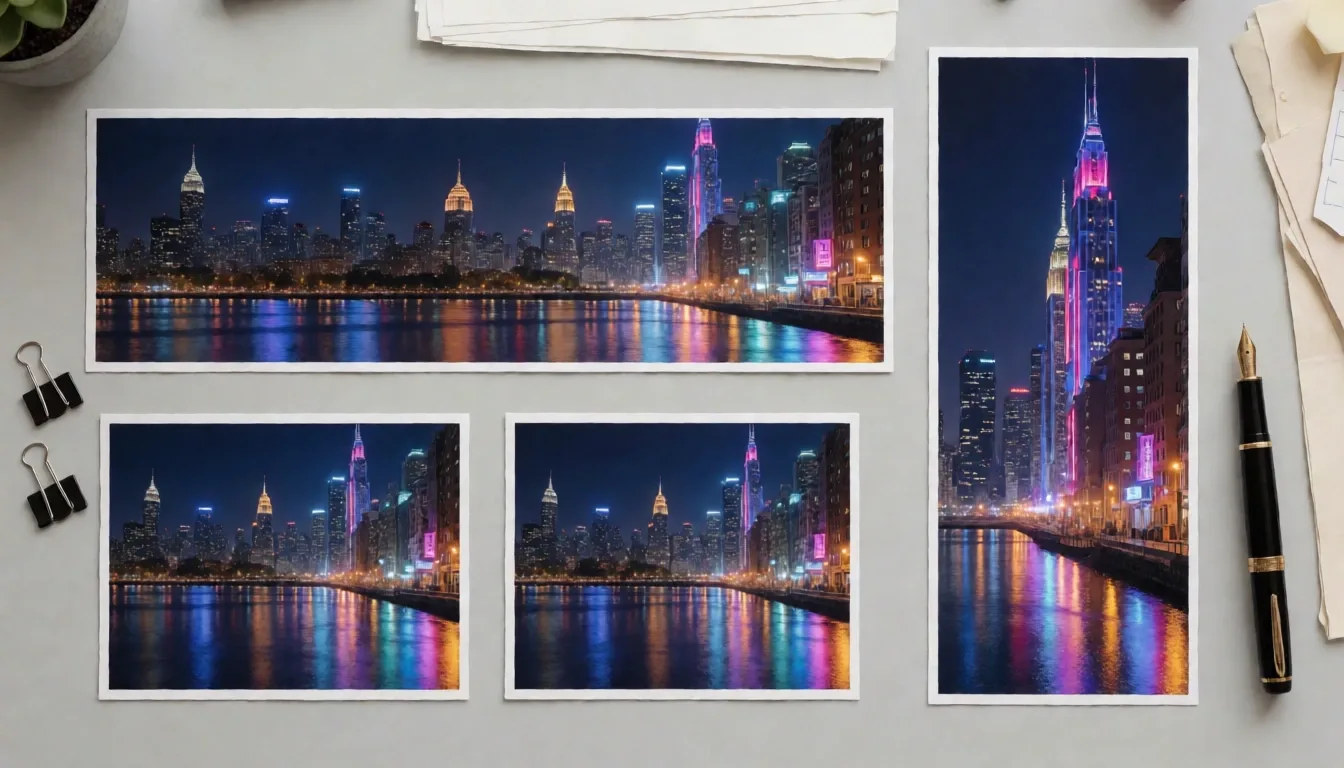 Krea 2 Turbo review: the same cityscape printed in panoramic, square, and vertical aspect ratios on a desk