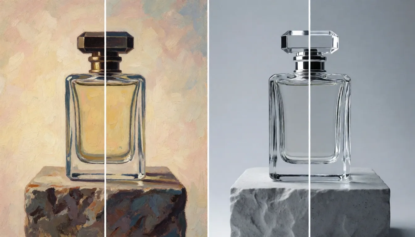 Krea vs Midjourney vs Flux: the same perfume bottle rendered as a warm painterly illustration on the left and a crisp photorealistic studio render on the right