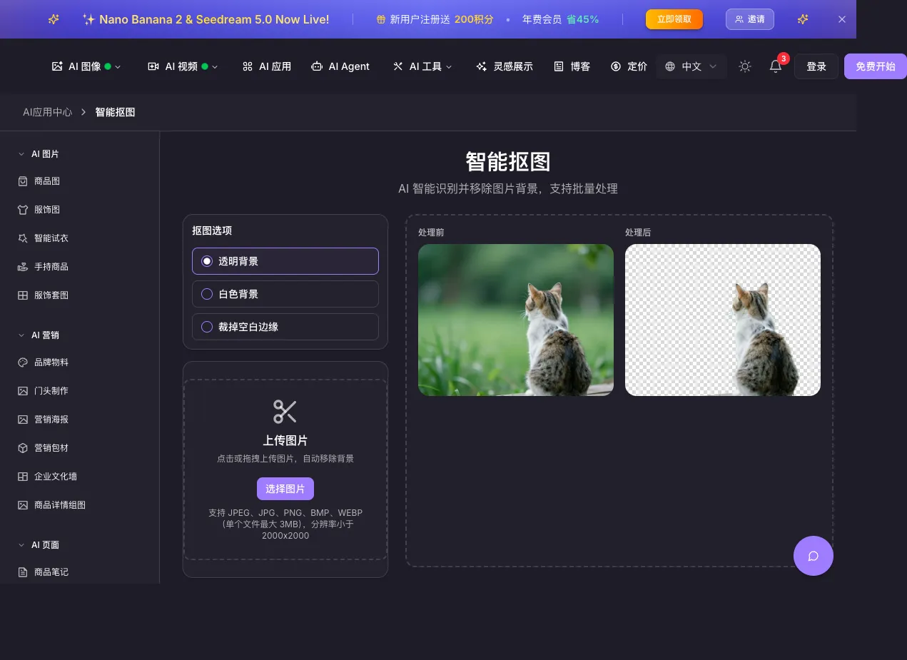 AI matting interface: transparent, white, or cropped-to-content output