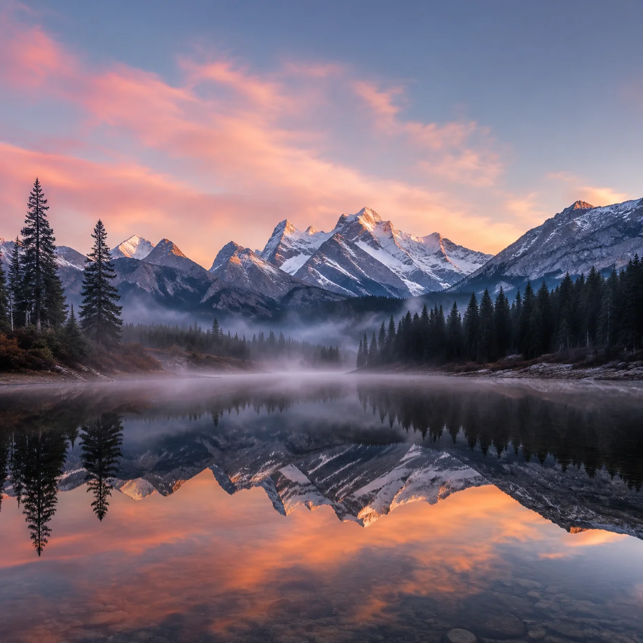 A serene mountain lake at dawn, mist rising from the water, snow-capped peaks reflected on the surface, soft pink and orange sky, ultra-wide angle, photorealistic, 8k