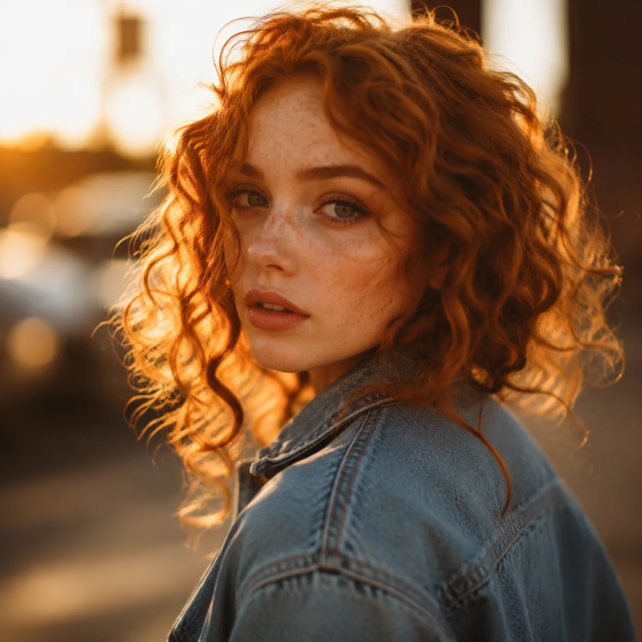 Portrait of a young woman with curly red hair, freckles, wearing a vintage denim jacket, golden hour lighting, shallow depth of field, shot on 85mm lens, cinematic