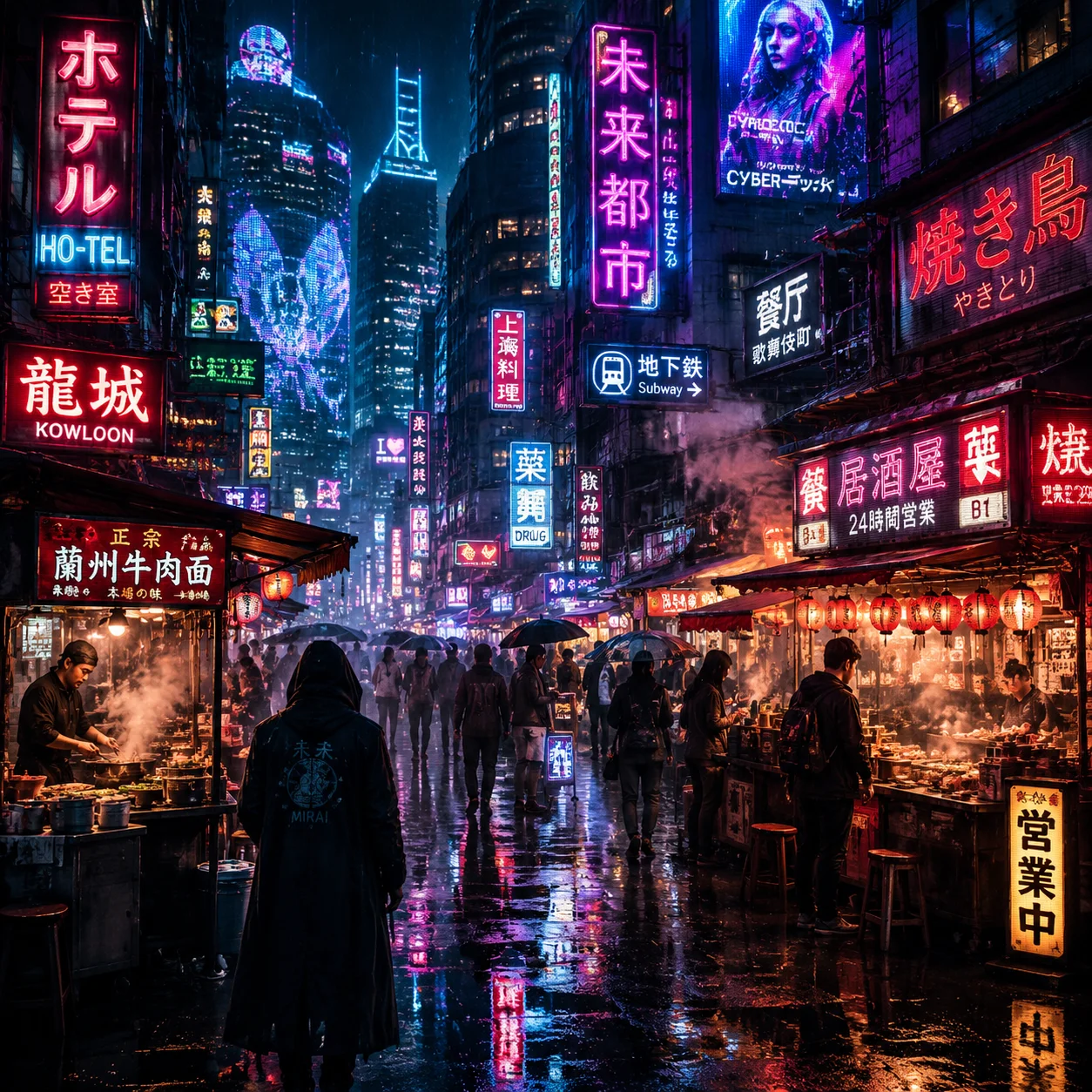 Futuristic cyberpunk street market at night, neon signs in Japanese and Chinese, rain-soaked pavement reflections, steam rising from food stalls, moody atmosphere