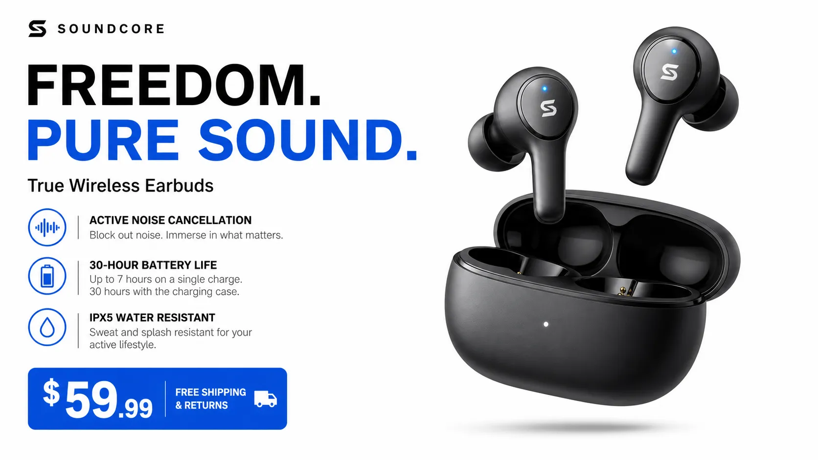 E-commerce product detail poster for wireless earbuds: bold headline, three feature bullets, price tag, floating product render, clean white background, minimal layout.