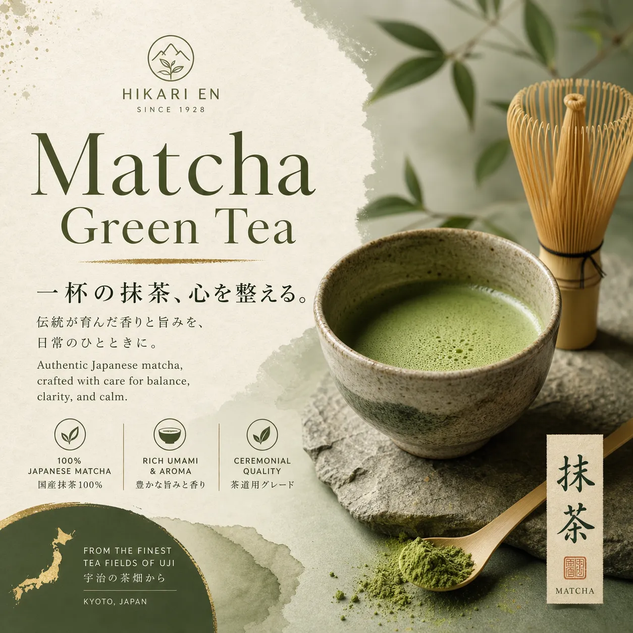 Japanese matcha product poster: English headline, Japanese tagline in native script, ceremonial bowl and whisk, soft green and cream palette, wabi-sabi aesthetic.