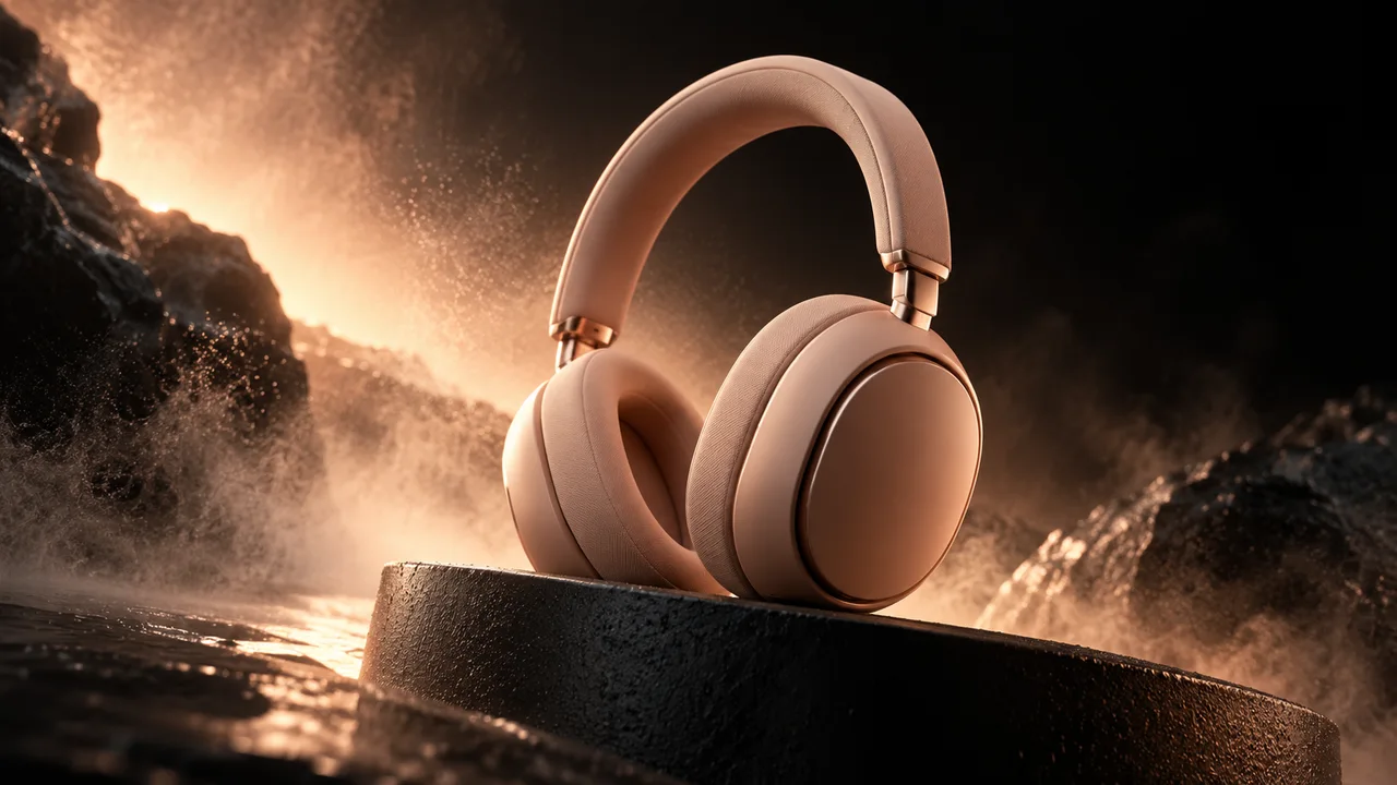 Auriculares de color coral pálido sobre un pedestal escultórico oscuro con una luz cálida