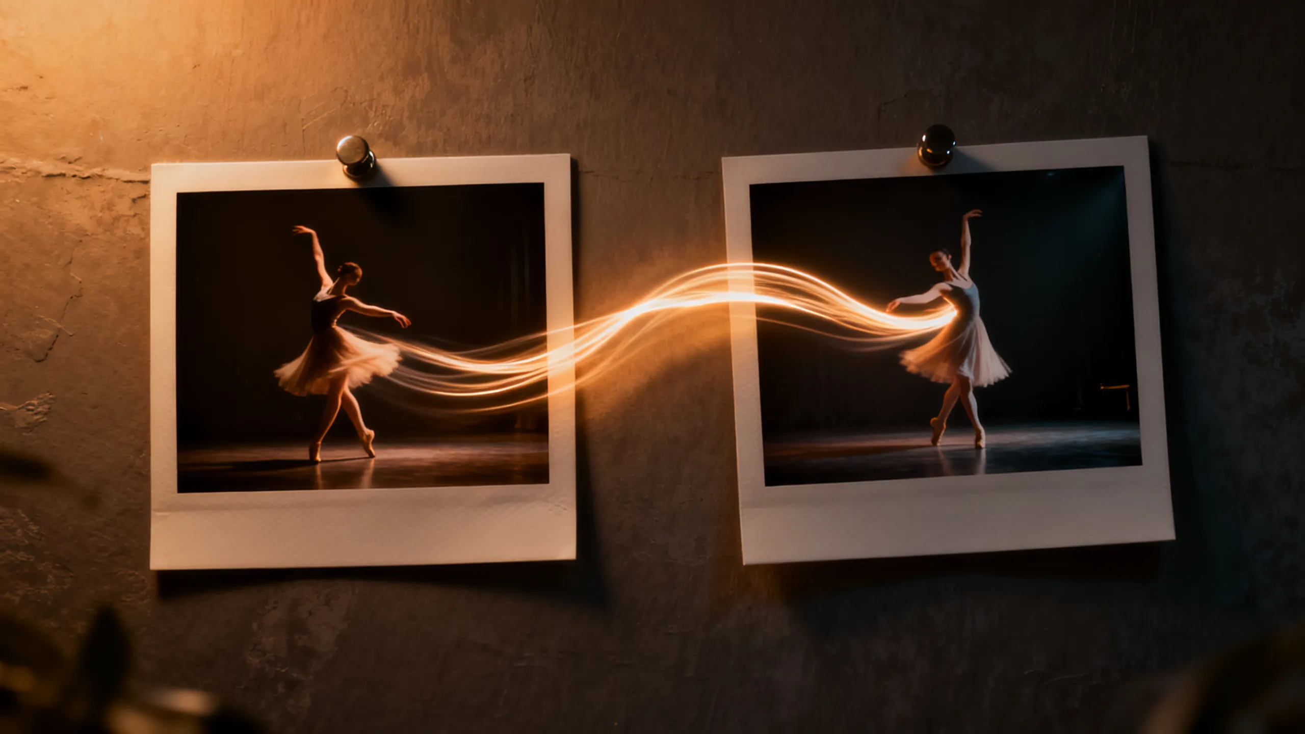 Two photo frames connected by a dancer's motion trail