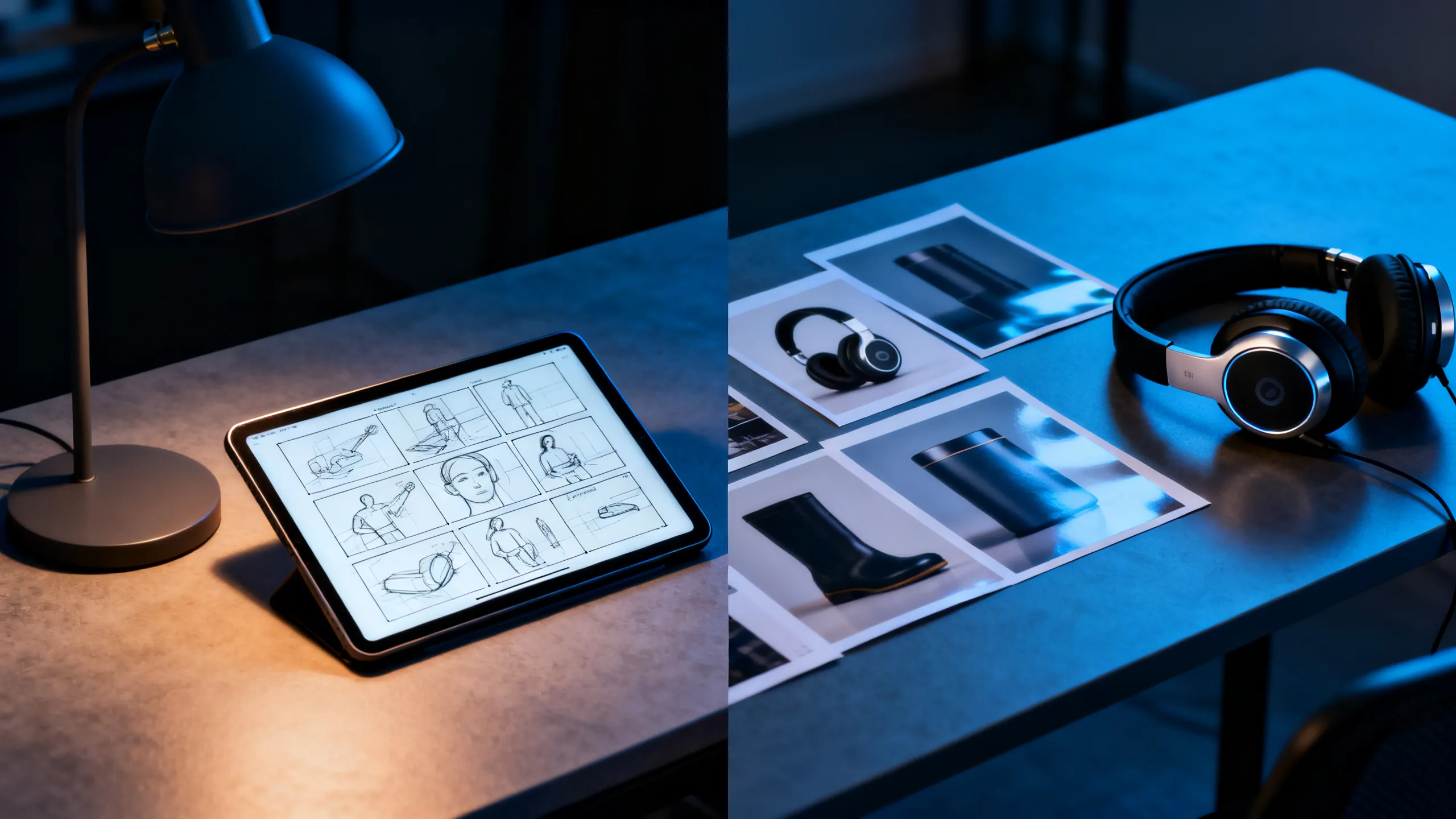 Designer desk with storyboard, headphones, and product references
