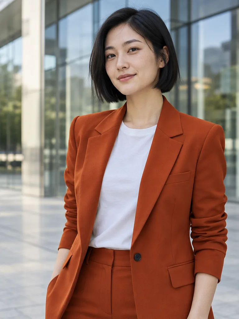 코발트 블루 블레이저와 러스트 오렌지 블레이저를 입은 같은 여성 — 아이디어 편집