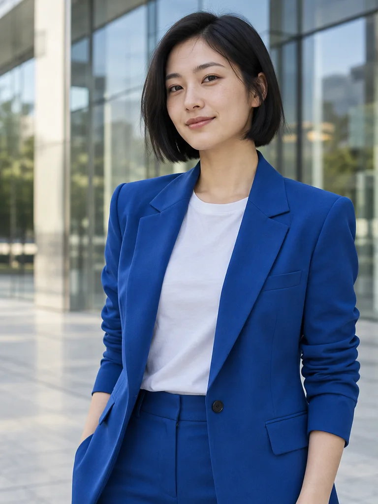 코발트 블루 블레이저와 러스트 오렌지 블레이저를 입은 같은 여성 — 독창적인 아이디어