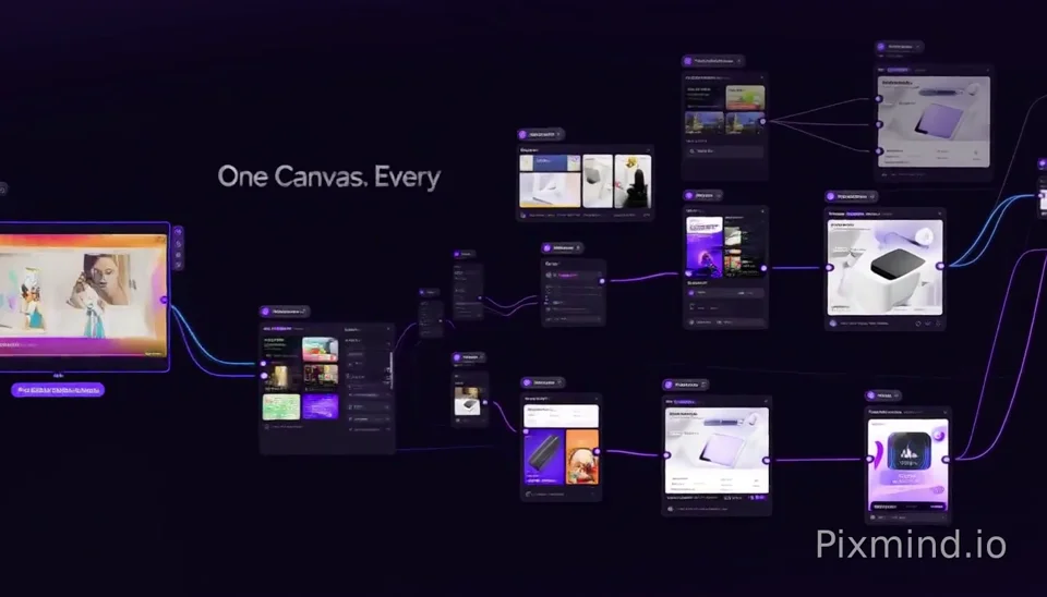 Connected image and video creation nodes on the PixMind canvas