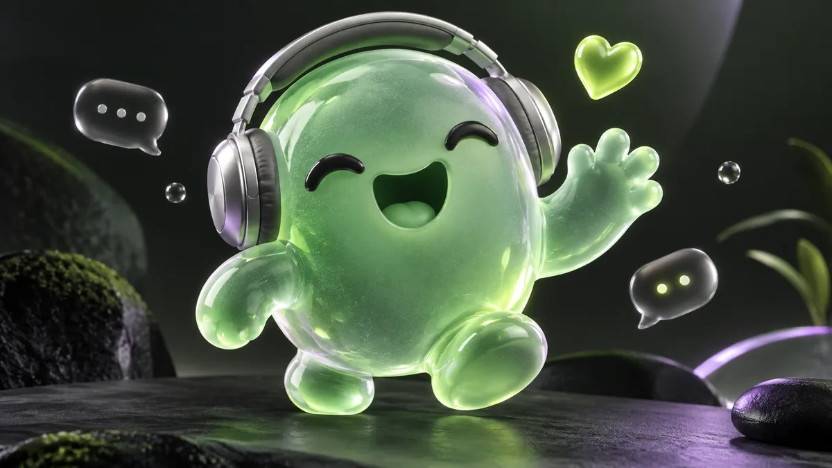 A green character wearing headphones waves beside chat bubbles