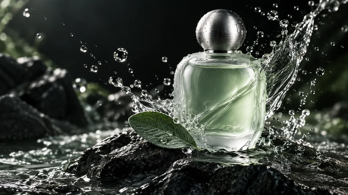 A perfume bottle surrounded by water droplets and sage leaves